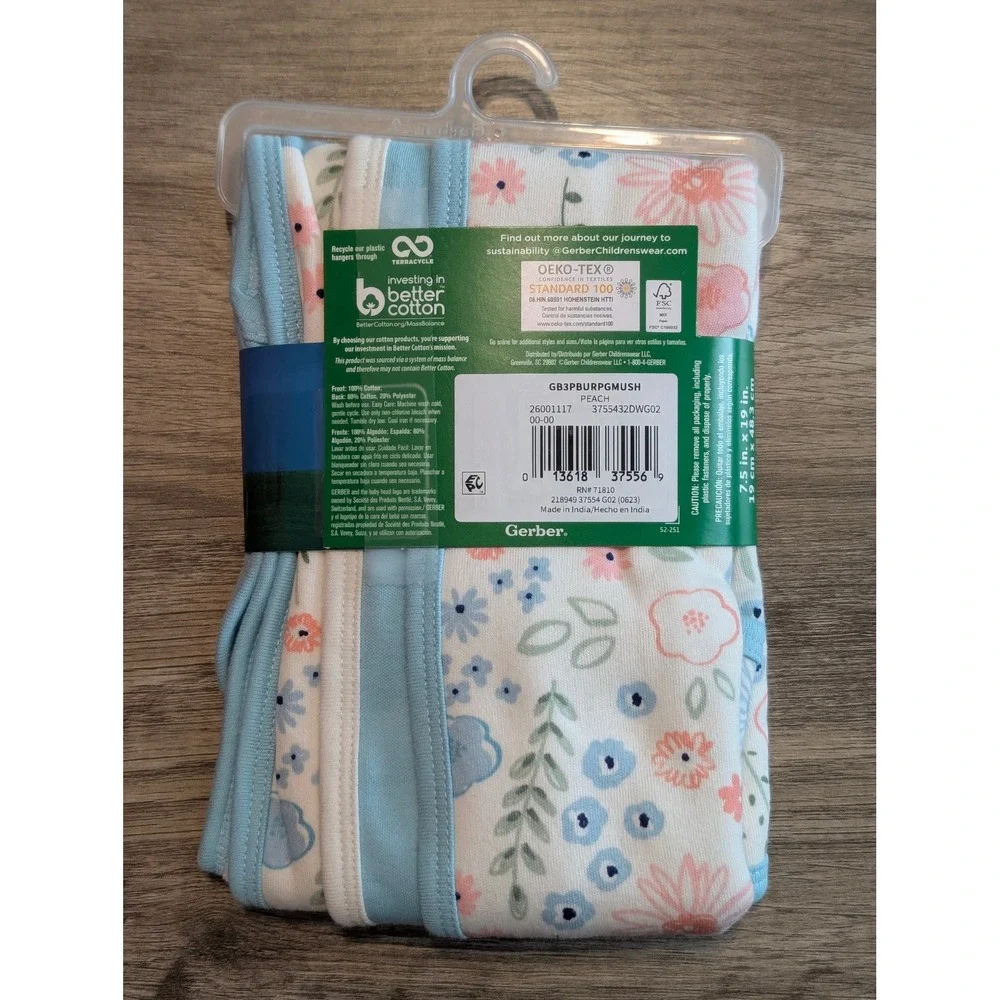 Gerber 3 Pack Terry Lined Cotton Burp Cloths Peach Blue Floral Hedgehog 7.5x19